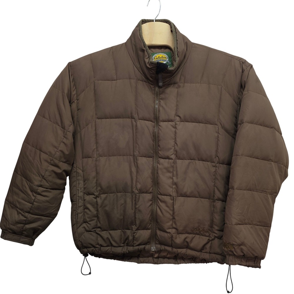 Cabelas Brown 650 Fill Goose Down Puffer Jacket Mens Large Quilted Full Zip